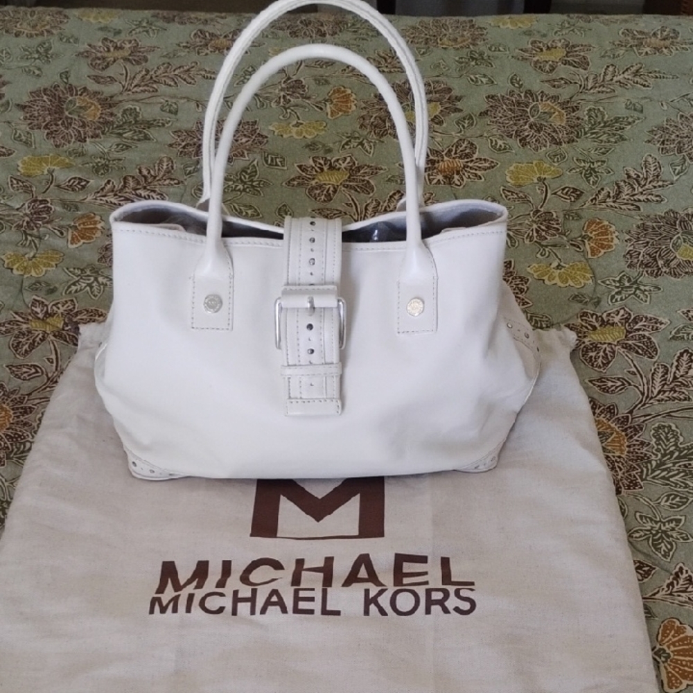 Michael Kors White Leather Satchel Bag with Silver  Hardware